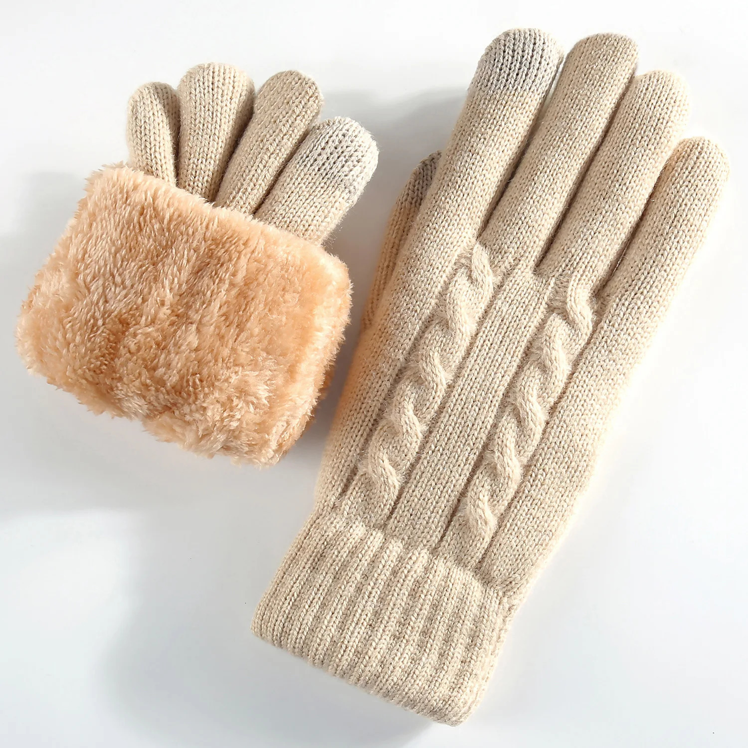 Womens Knitted Winter Gloves Double Layer Fleece Lined Thickened Warm Thermal Fashion Solid Color Touchscreen 251106