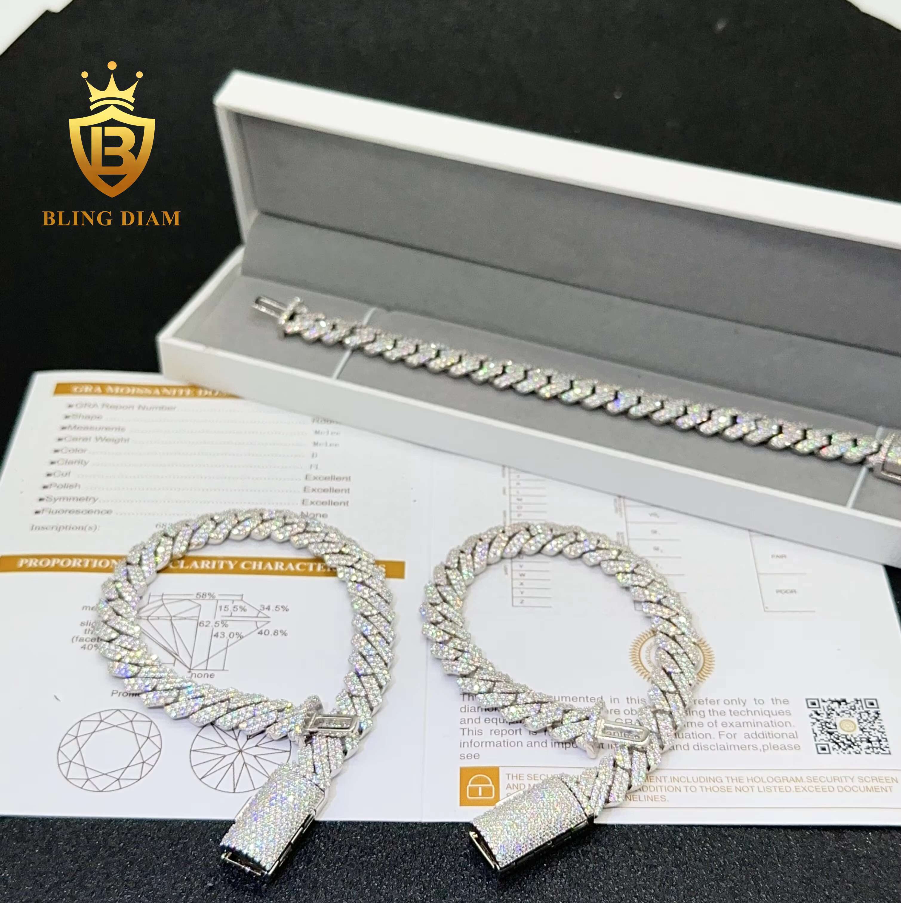 2 Row 10mm Hip Hop Cuban Llink Moissanite Sterling Silver 925 Cuban Link Chain Bracelet Pass Diamond Tester