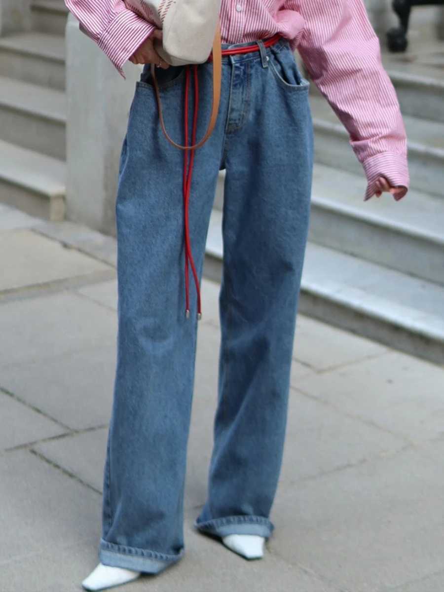 Blubelle Womens New 2025 Autumn Trendy Wide Leg Jeans Loose Straight Leg Floor Length Retro Cotton Jeans C251110