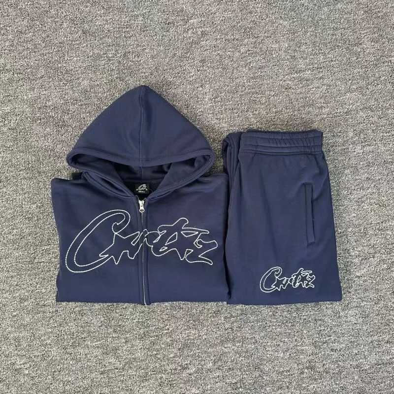 American high street dark blue letter brand casual men hoodie 2025 hip-hop retro oversized clothing couple loose sportswear suit W251110