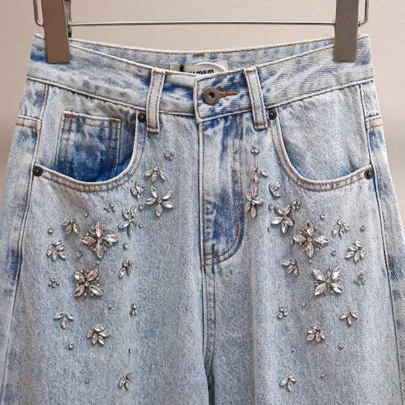 ANJY Autumn Winter Women Fashion Casual Versatile Washed Tide Diamonds Straight Jeans Trend Design Sense High Waist Pants A10636 C251110
