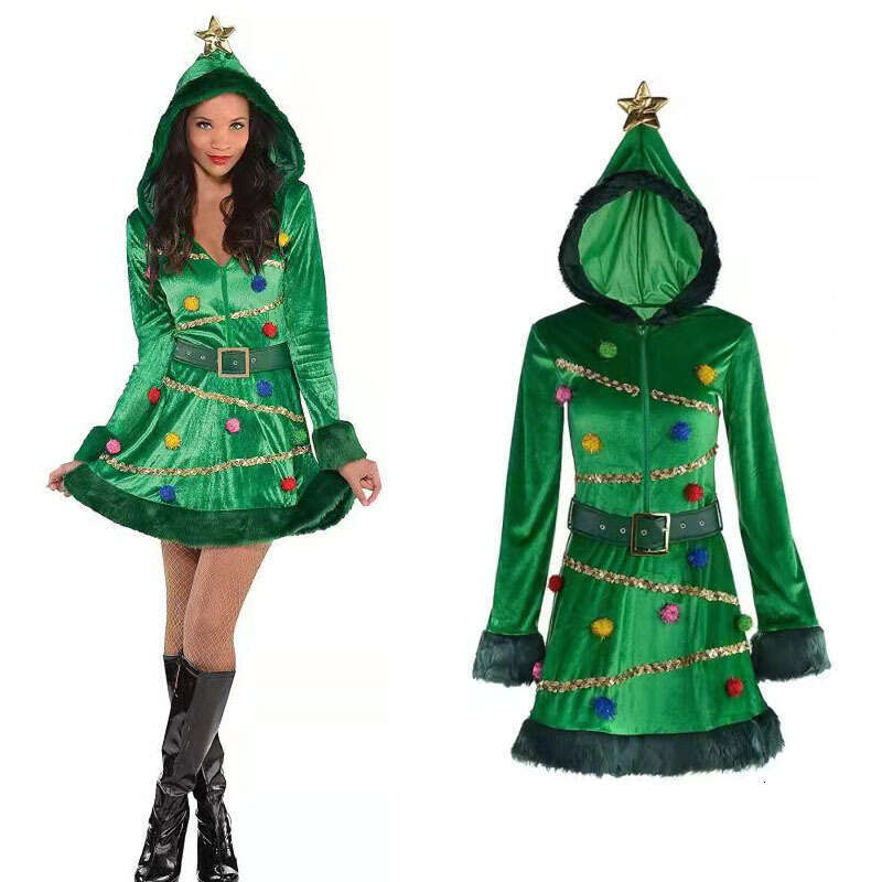Christmas Performance Costume New Hooded Dress Dark Green luxury winter quality
