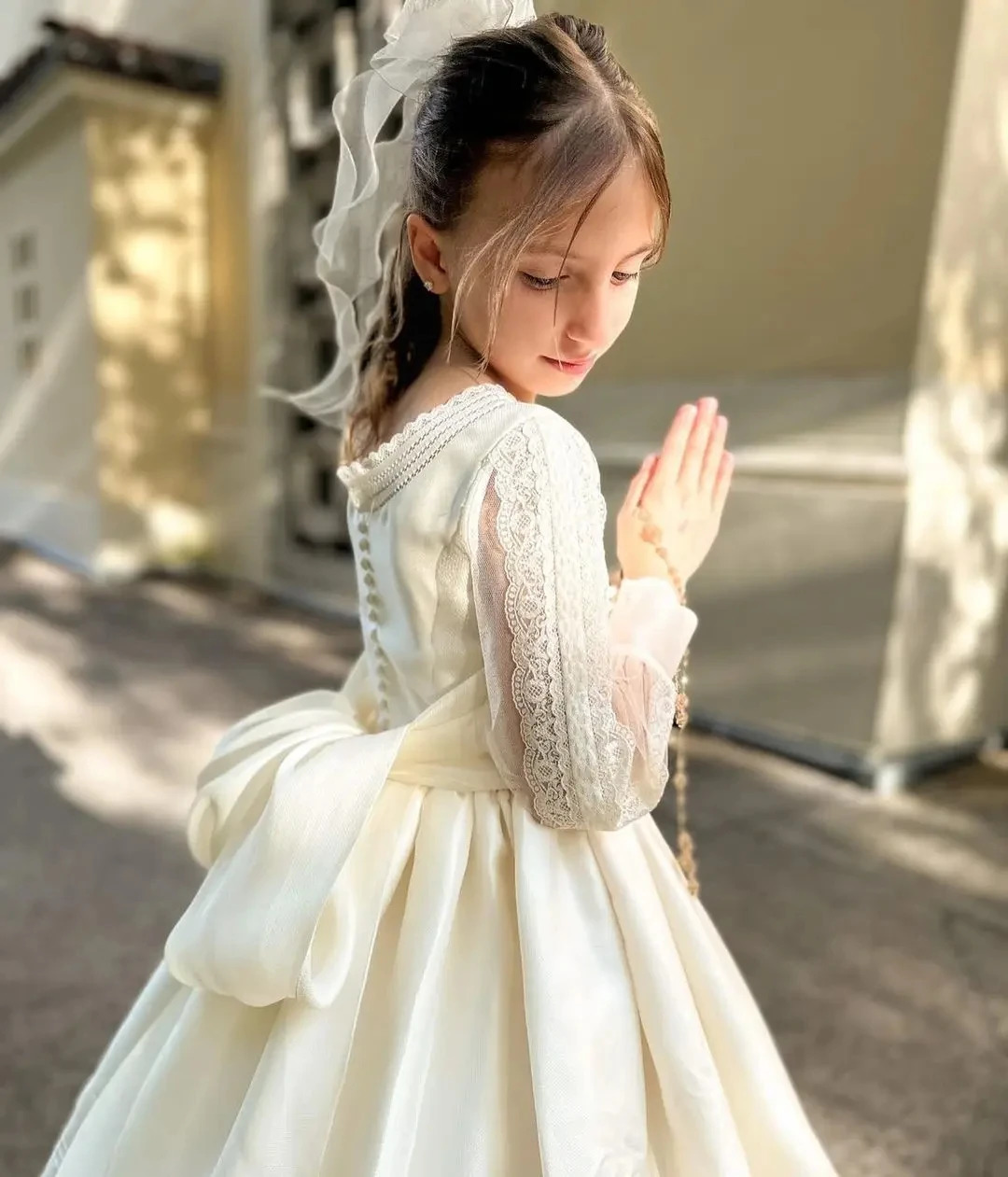 Ivory satin flower girl dress elegant O-neck lace bow childrens wedding party childrens birthday princess first communication dress 250403