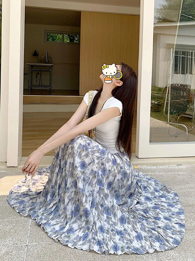Spring pleated printed skiing womens Korean fashion holiday long festival elegant high waisted slim fairy skirt 250410