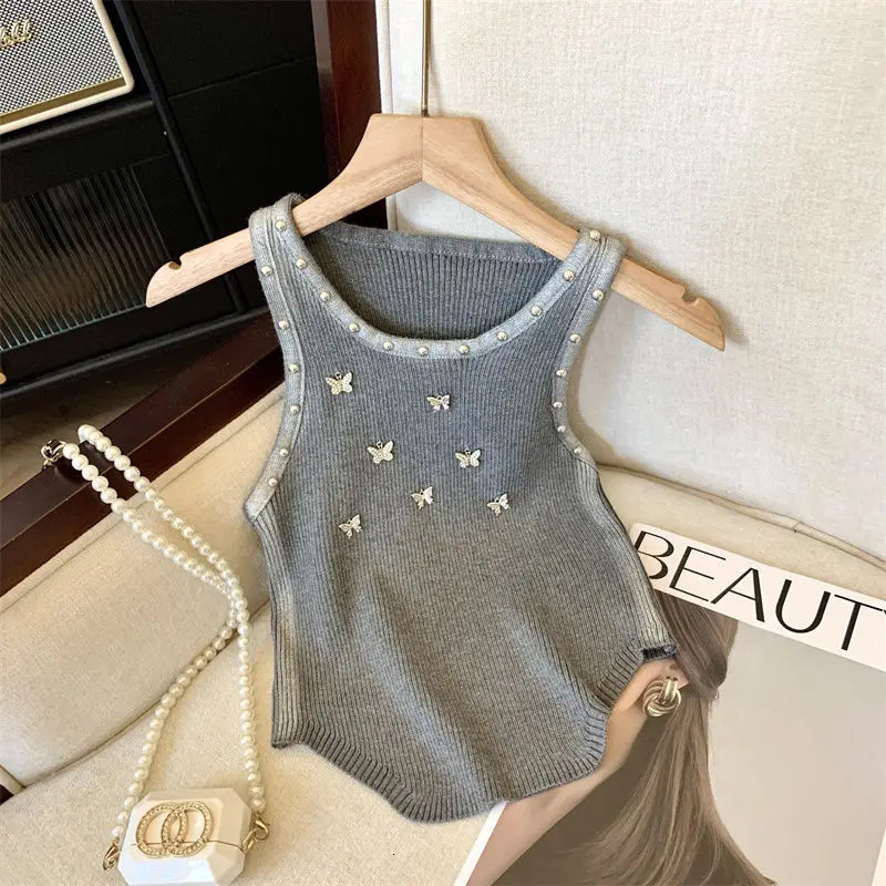 Summer embroidered flame butterfly knitted tank womens ultra-thin O-neck Y2K sleeveless top 250410
