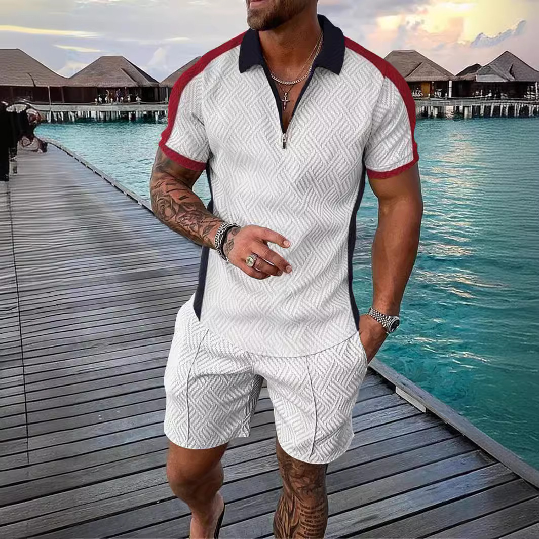 2023 mens new casual color contrast POLO zip polo short sleeve suit