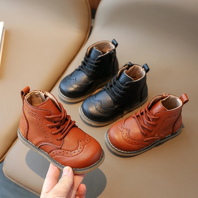 Children Boots British Style Fretwork Pu Leather Brown Black Boys Girls Short Boot 21-30 Toddler Zipper Solid Color Kids Shoes 251104