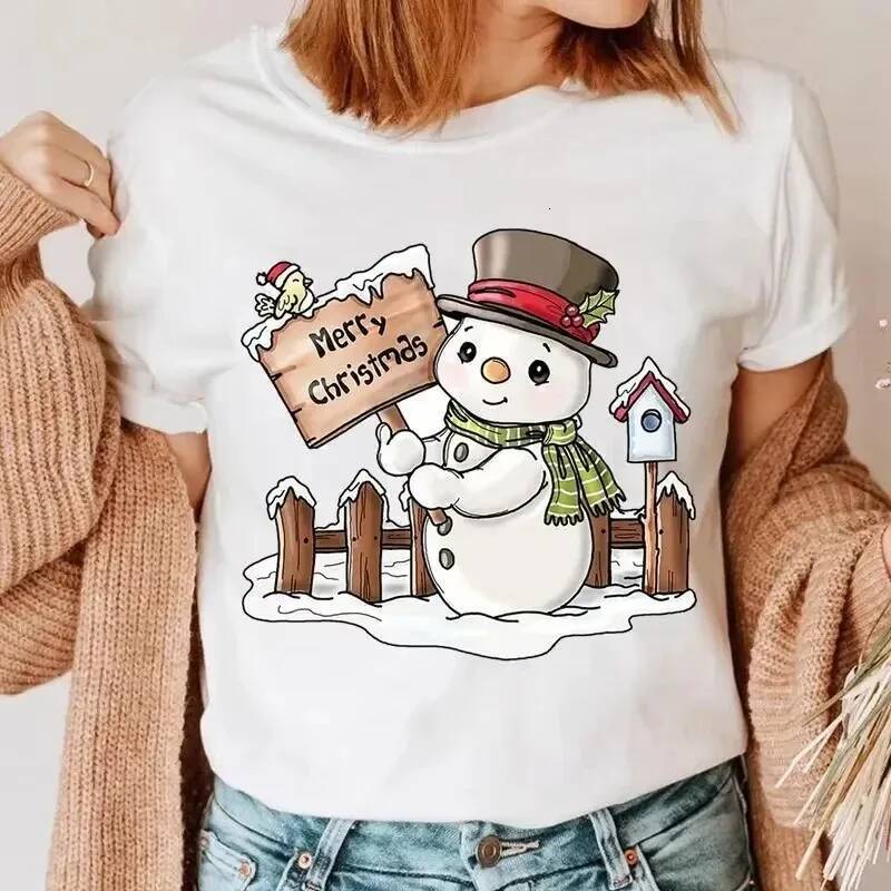 Christmas Christmas New Cute Snowman Happy Christmas Lady Y2K Cartoon Printed Tshirt Fashionable Casual Gift Comfortable Pure Cotton Shirt Plus Size d