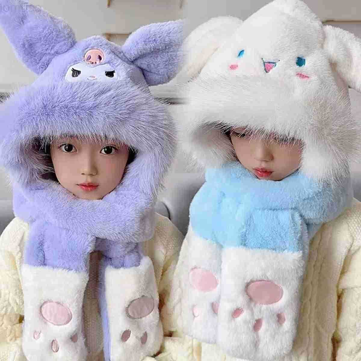 Sanrio Kuromi Childrens Winter Thickened Three-Piece Set Scarf Airbag Hat Integrated Ears Can Move H251110