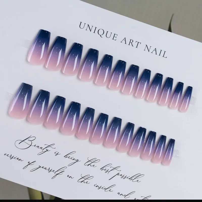 24 Coffin square artificial fake nails with glue pressed onto the nails complete set of tools long purple blue gradient fake nails W250410