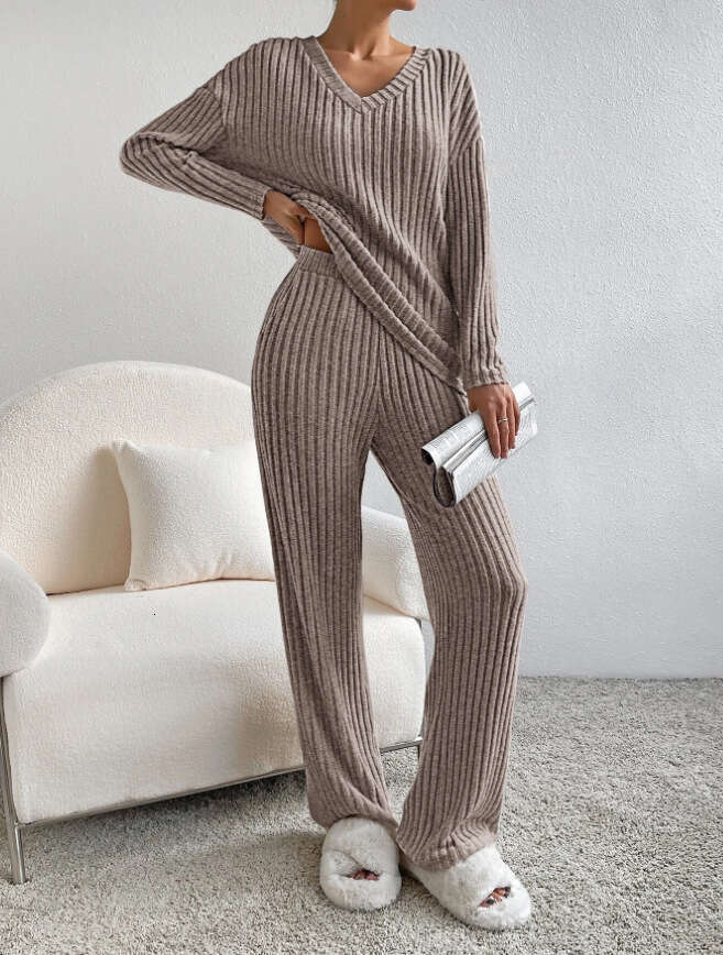 Cross-Border Two-Piece for Women 2023 Autumn New Fashion Casual Straight-Leg Pants Elegant Loose V-Neck Ribbed Knit Set