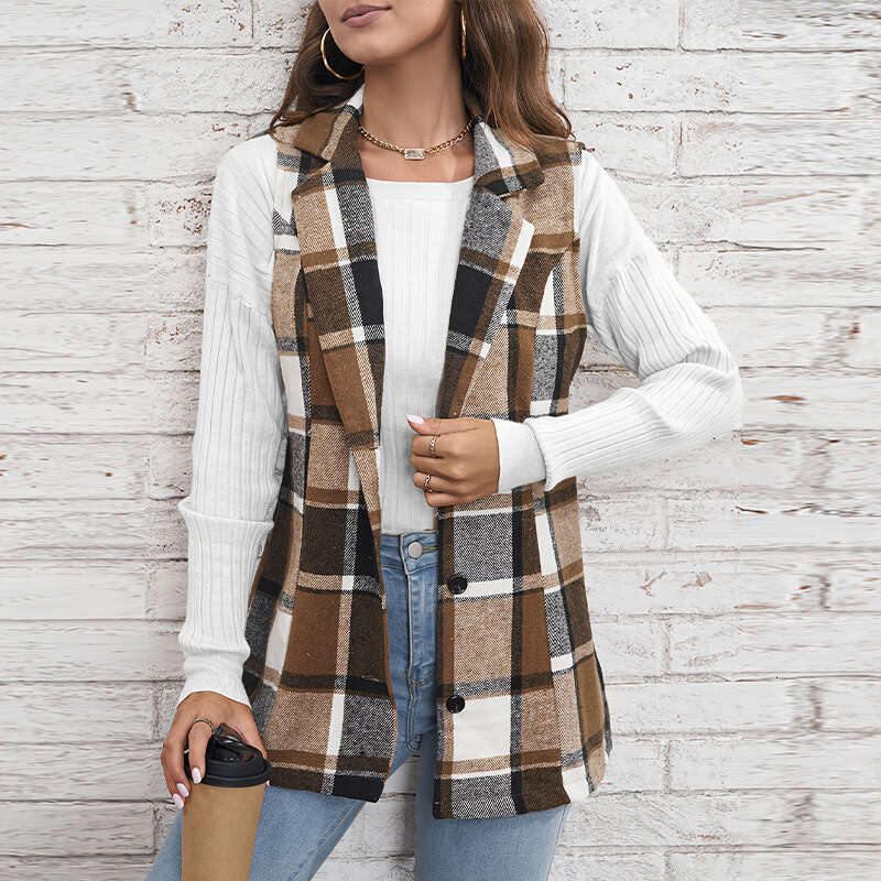 Cross-Border Foreign Trade Women's Clothing Jacket European and American Plaid Vest 2025 Spring Elegant Style Versatile Sleeveless Single-Breaste
