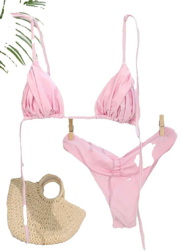 Brazilian pleated bikini set, sexy mini bikini, women's triangle beachwear swimsuit, 2023