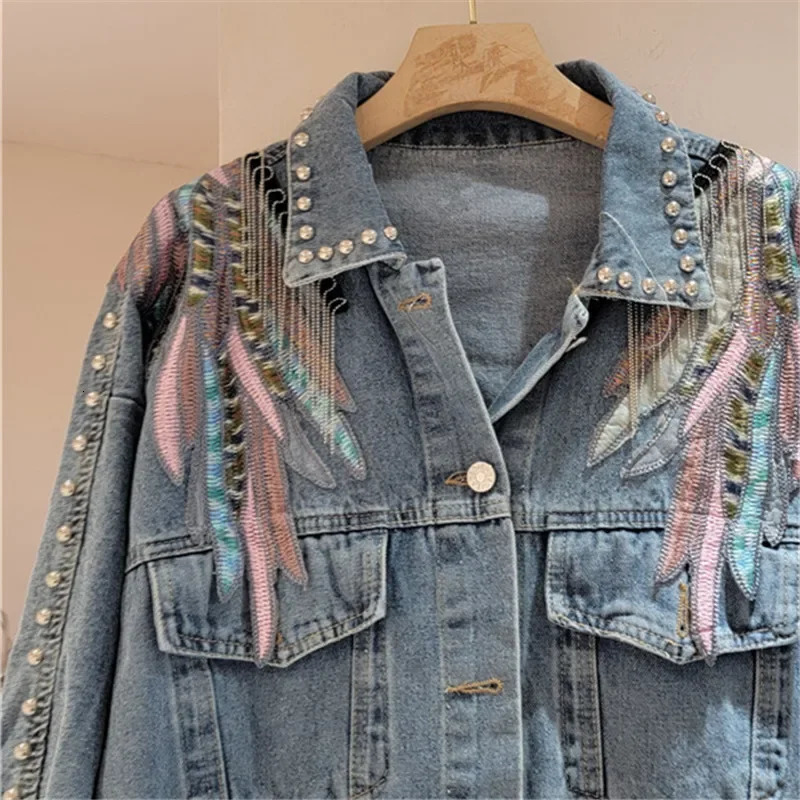 Retro wing embroidery tassel rivet denim jacket womens denim jacket loose casual large pocket denim jacket womens streetwear 250409
