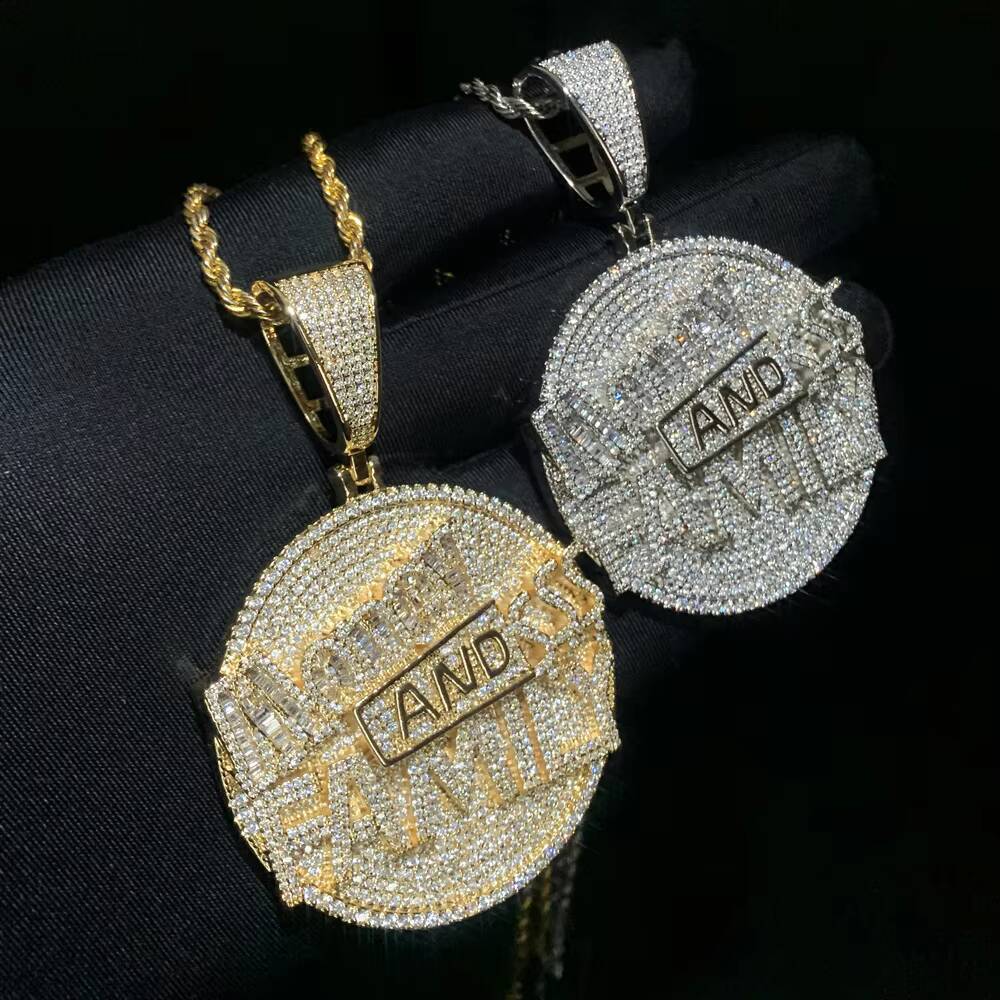 Hip-hop style ice crack flash luster moissanite letter coin and family round pendant necklace for men's jewelry