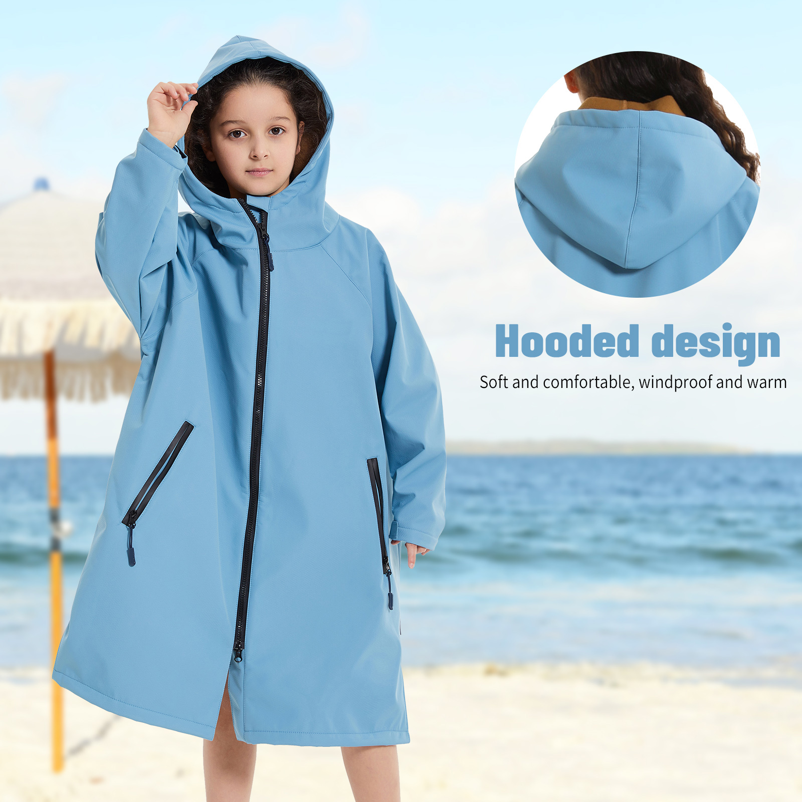 1 Hiturbo warm swimsuit jacket: Children's composite zipper style cape soft lining hooded robe