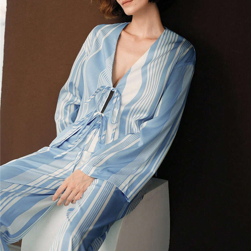 2025 Autumn European American Style Striped Sleeve Shirt and Straight Long Pants Pajamas Two-Piece Set