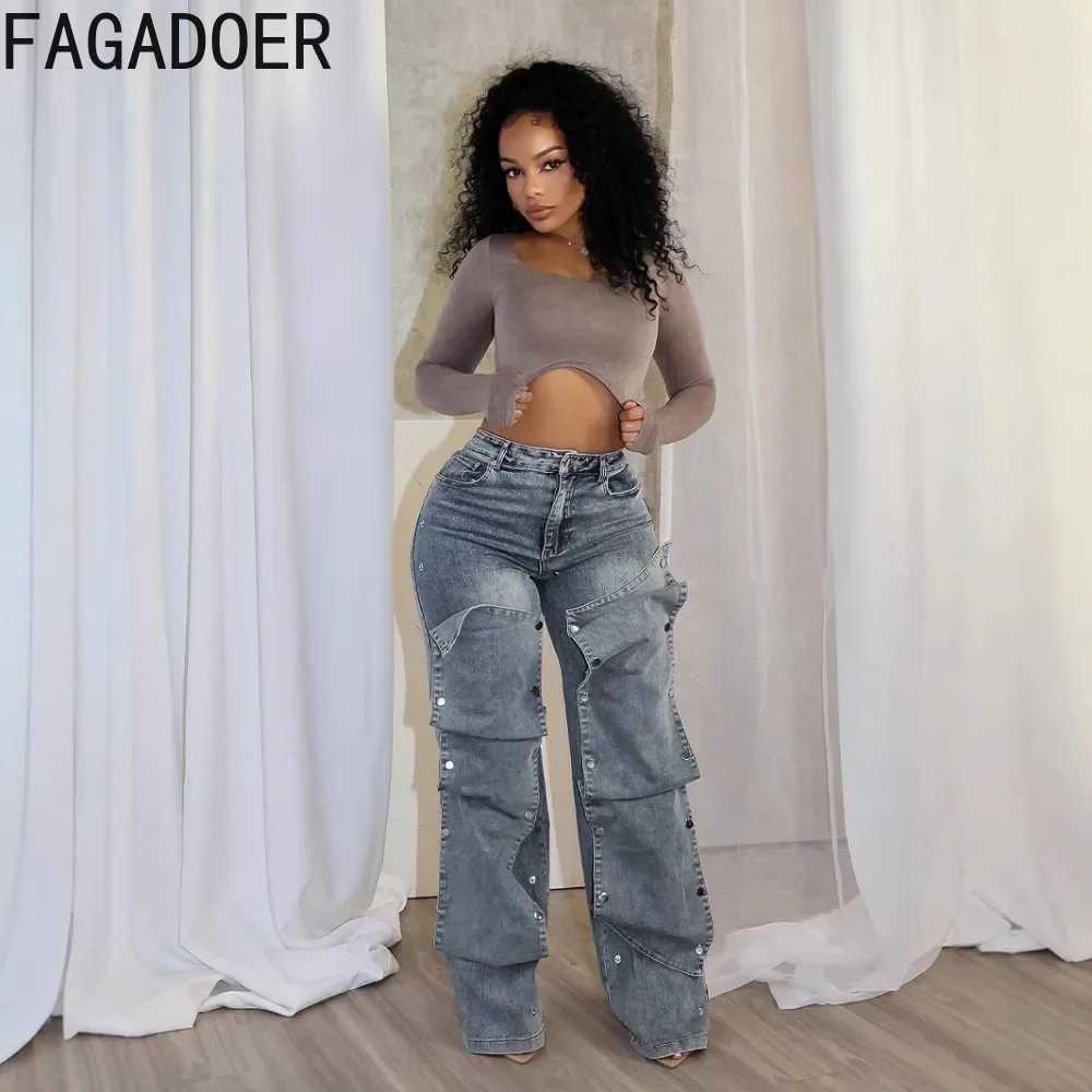 FAGADOER Y2K Retro Straight Denim Pants Women Buttons Irregular Patchwork Jeans Trendy Female Streetwear Bottoms 2025 Spring New C251110