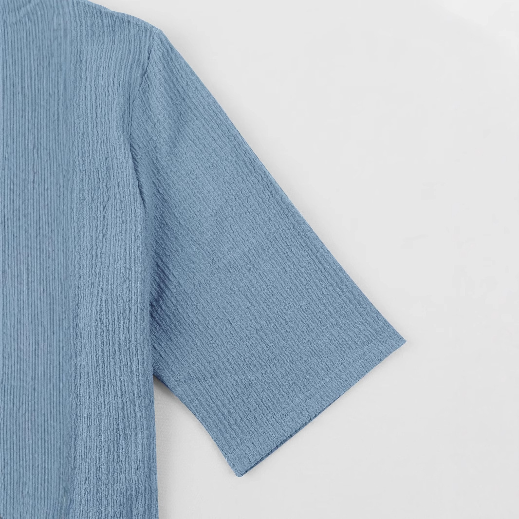 Spring and summer new commuter Japanese drama mens casual bubble wrinkled solid color short sleeved long pants two-piece set
