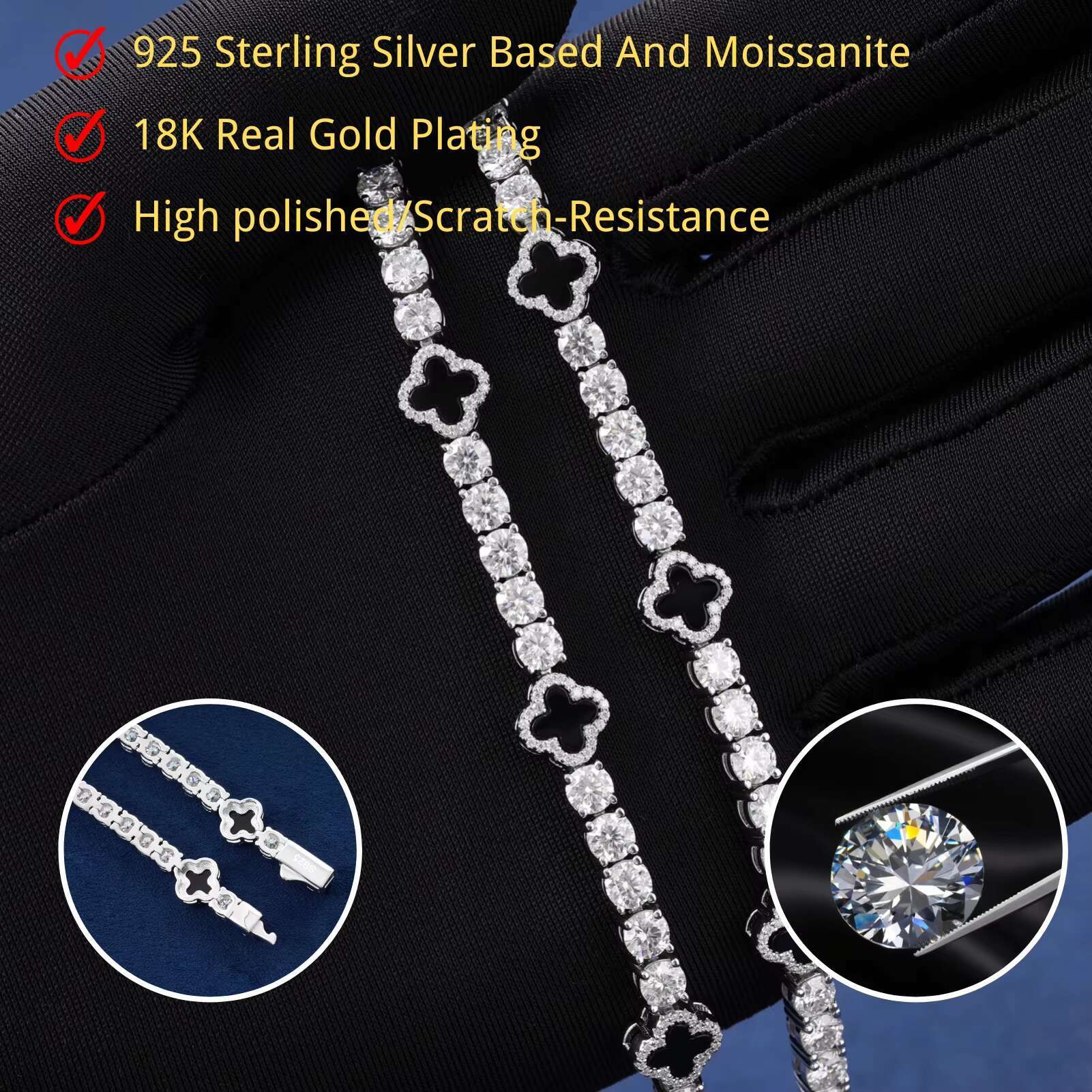 Fast Shipping VVS Moissanite S925 Solid 925 Sterling Silver 4mm Four Leaf Clover Tennis Link Chain Bracelet Hip Hop Necklace