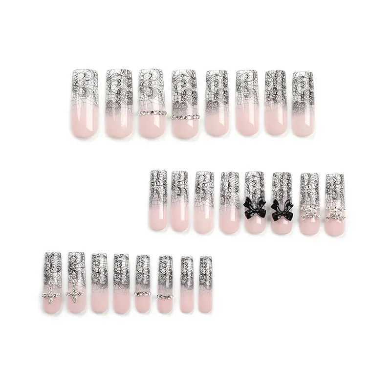 24pcs black bow fake nails diamond cross long ladder beach pattern press wearable nail tips for women and girls W250410