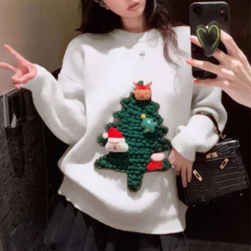 Autumn Winter Women Red Sweet Chic 3D Christmas Tree Knitted Sweater Casual O Neck Long Sleeve Pullover Tops Female Loose Jumper Designer Sweater Wome