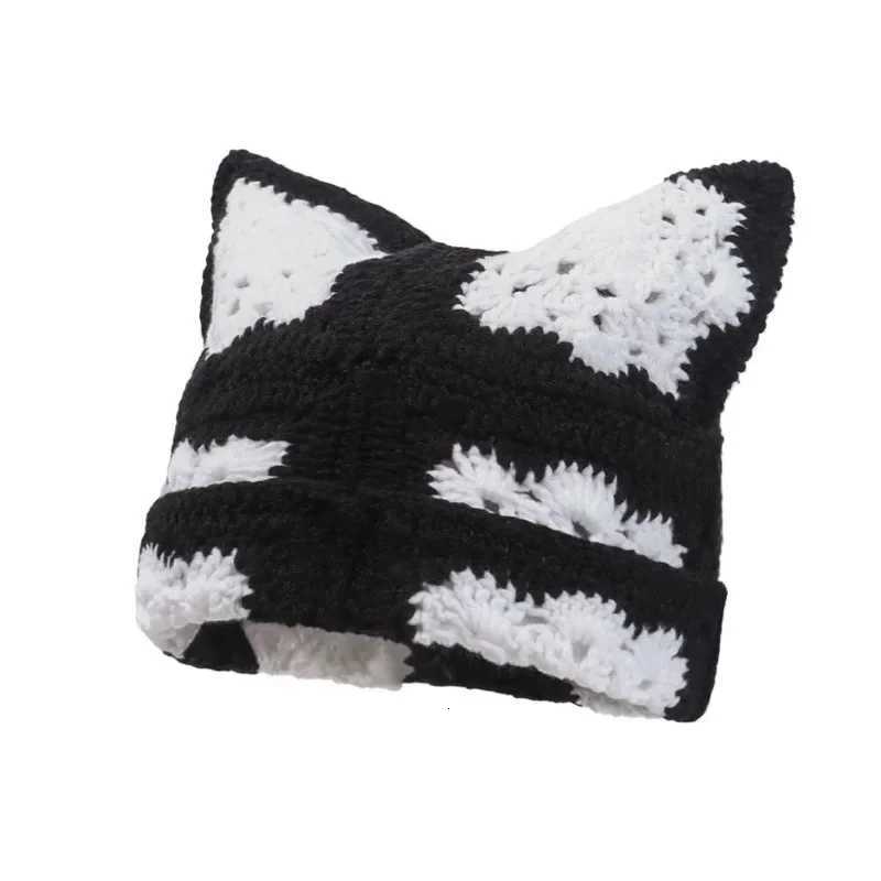 Japanese Autumn and Winter Cute Cat Ears Pullover Hat Hand-crocheted Grandmother Grid Hollow Trend Skull Beanie Cap for WomensXJ251110
