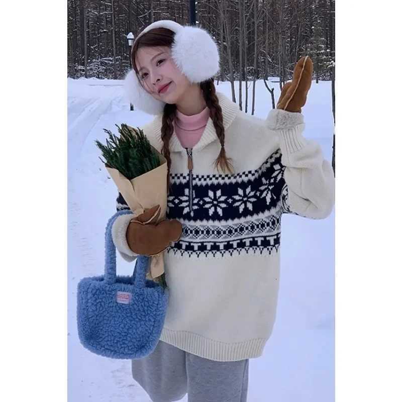 Fashion Winter Jacquard Loose Casual Knitted Pullover Top Retro Zipper Lapel Sweater Women Autumn Korean Sweet Long Sleeve Knitwear Y251110