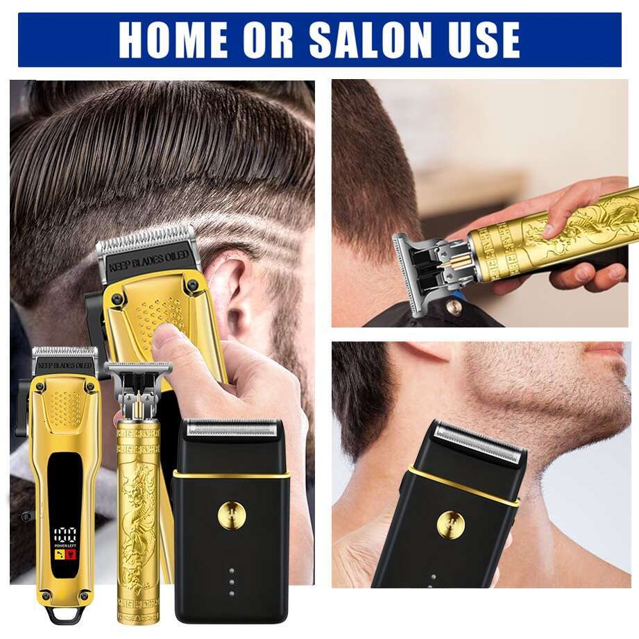 Golden 3Pcs Men's Kit: Electric Shaver, Hair Trimmer With LCD Display, 8 Combs, USB Cables, Perfect Dad, Boyfriend, Father's Day, Birthdays,