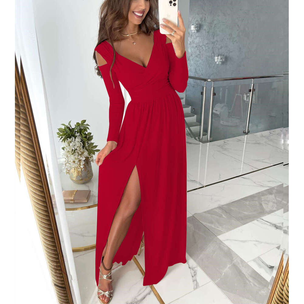 Independent Station Wish Amazon Autumn Winter New Long Sleeve V-neck Solid Color Hem Slit Dress for Women