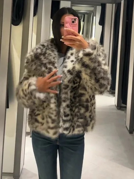 Winter Animal Leopard Printed Faux Fur Jacket For Women y Y2K Long Sleeve Warmth Coats Lady High Street Chic Outerwear 251110