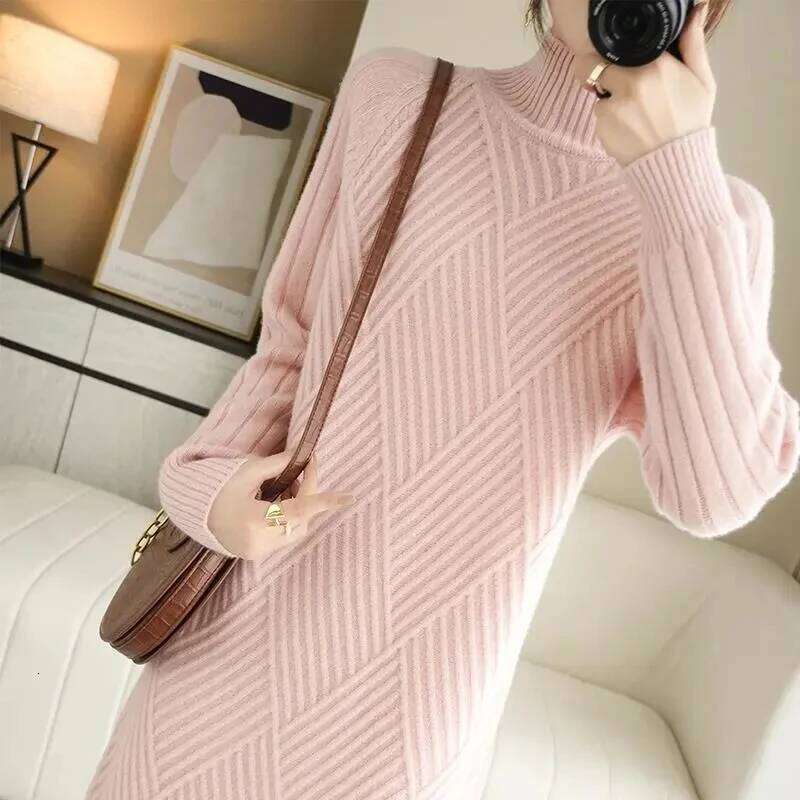 Long Sleeve Bottoming Knitted Autumn Winter Warm Korean Turtleneck Straight Sweater Dresses Women Casual Knee-Length