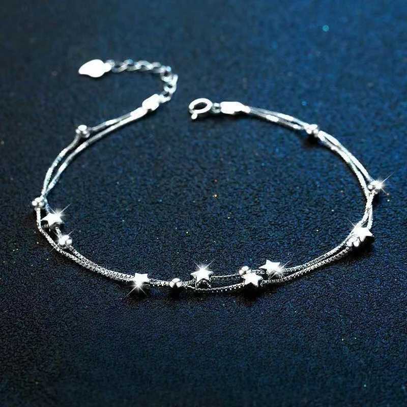 925 Sterling Silver Bead Chain Bracelets For Women Korean Sweet Double Layer Beautiful Stars Bracelets Original Jewelry GiftsT251110