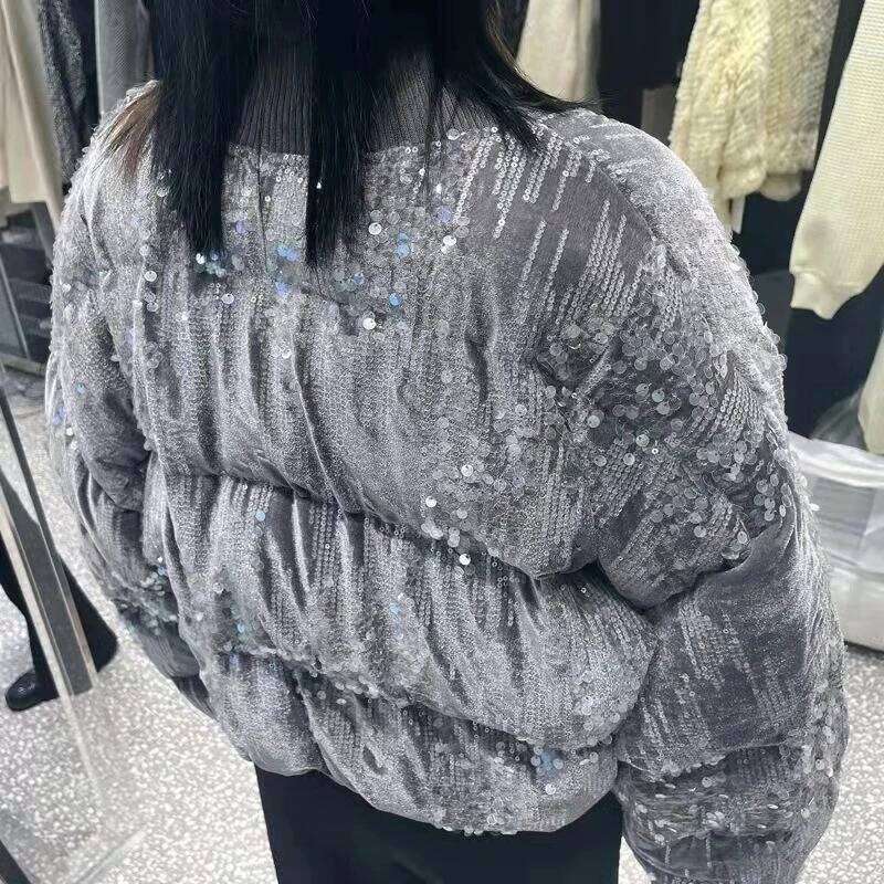 Sequins Women Parkas Fashion Zipper Loose Puffer Jacket Thick Warm Overcoat Winter Cotton Coat