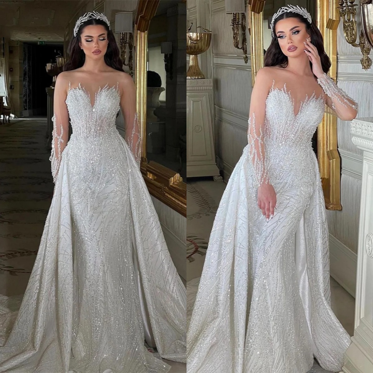 Glitter Mermaid Wedding Dress Long Sleeve O Neck Elegant Bride Gowns Detachable Sweep Train Beaded Sequins Lace Bridal Dresses Customized