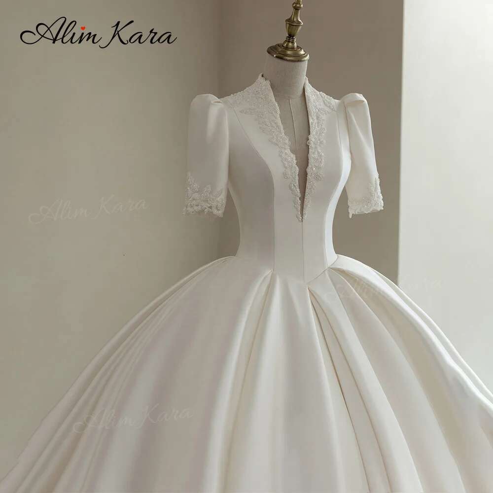 Alim Kara V-neck Ball Gown Wedding Dress 2025 Classic Beaded Satin customized Bridal Beach Princess B346 Party Vestido De Novia