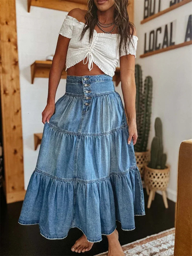 Bohemia Maxi long womens spring and summer elastic high waisted denim skirt retro ALine pleated 250410