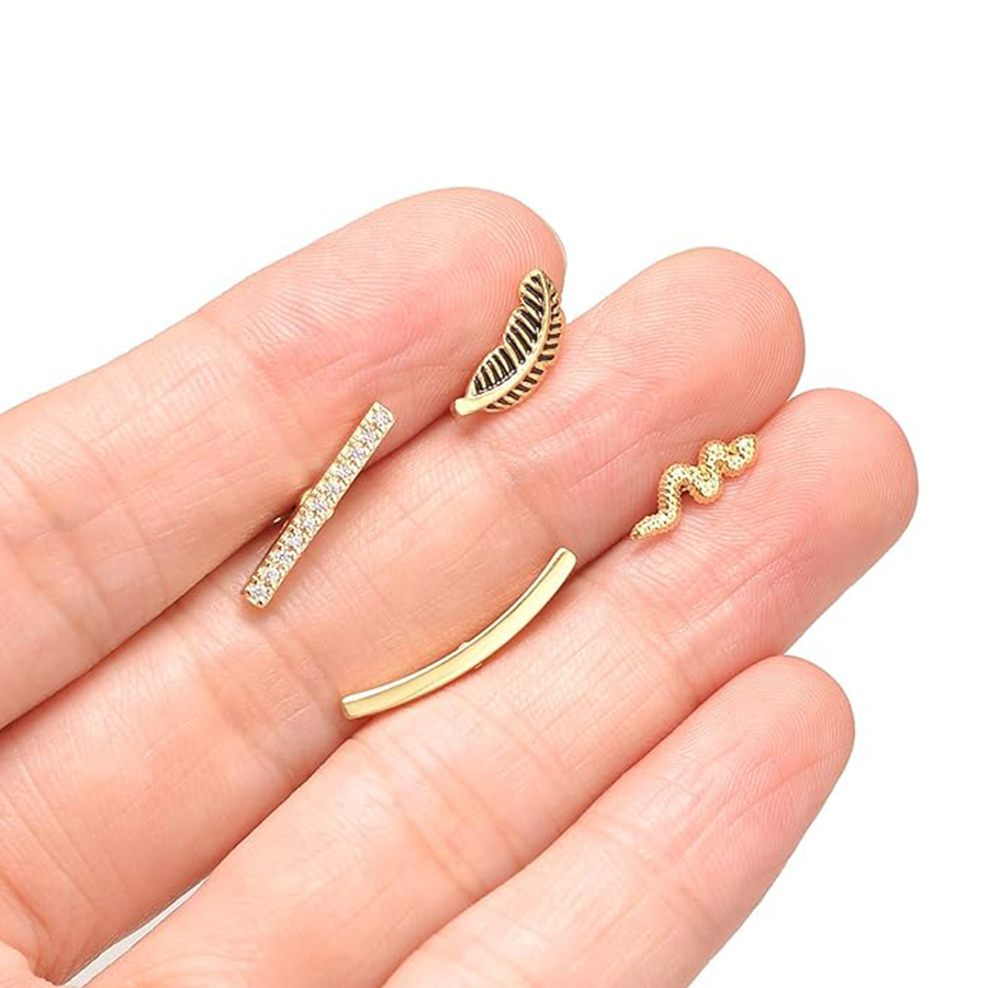 9 Pcs Cartilage CZ Stud Earrings Conch Forward Helix Tragus Daith Piercing Lip Rings Snake Heart Butterfly Jewelry for Women Men 16G Gold Tone