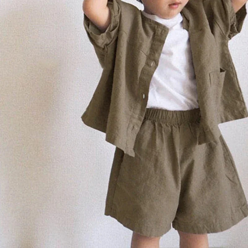 Childrens Retro Cotton Linen Set Summer Korean Childrens Casual Loose ShirtShorts Boys and Girls 2-piece Set WT045 250409