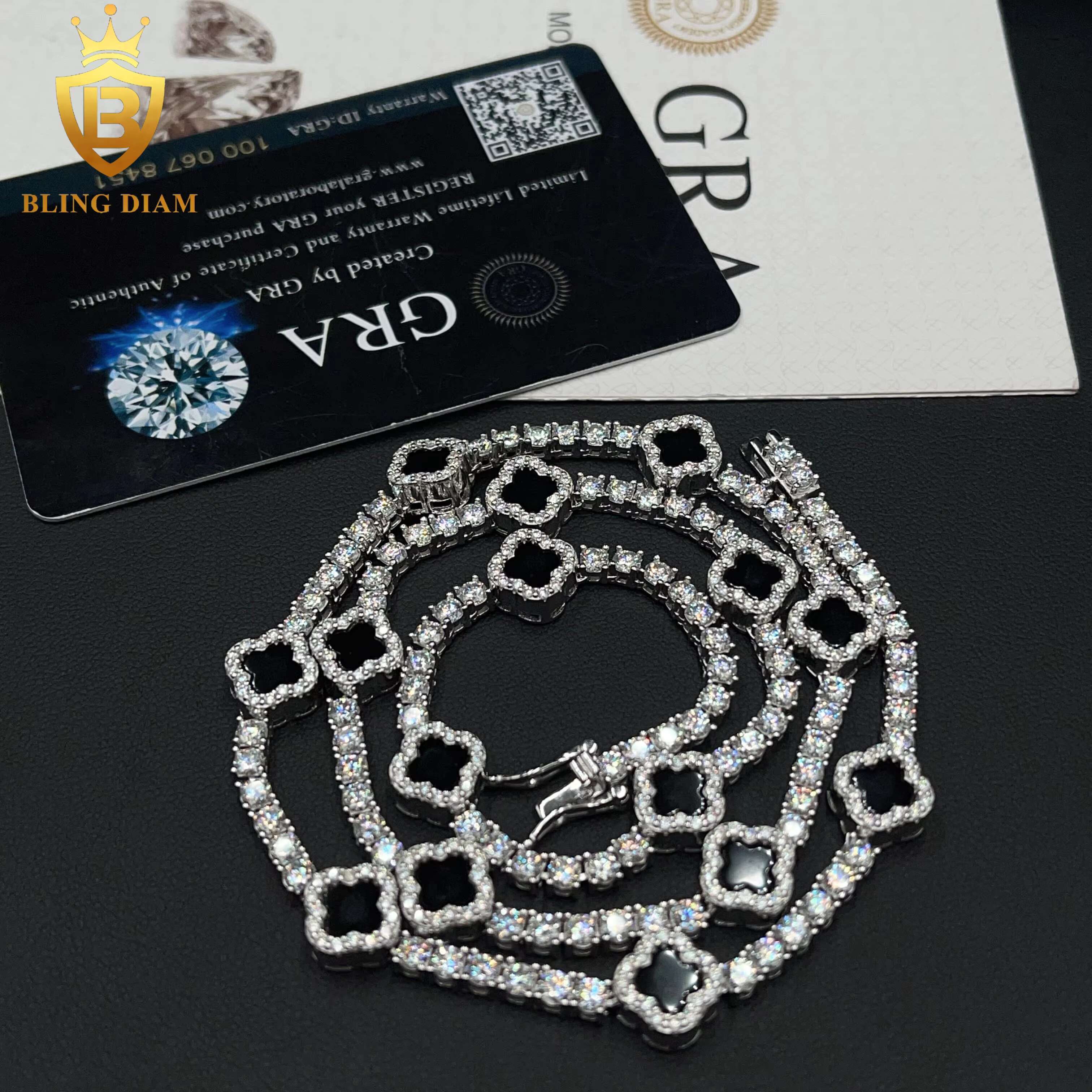 Small Black Clover 3mm New Design 925 Silver VVS Moissanite Pass Diamond Tester Tennis Bracelet Necklace