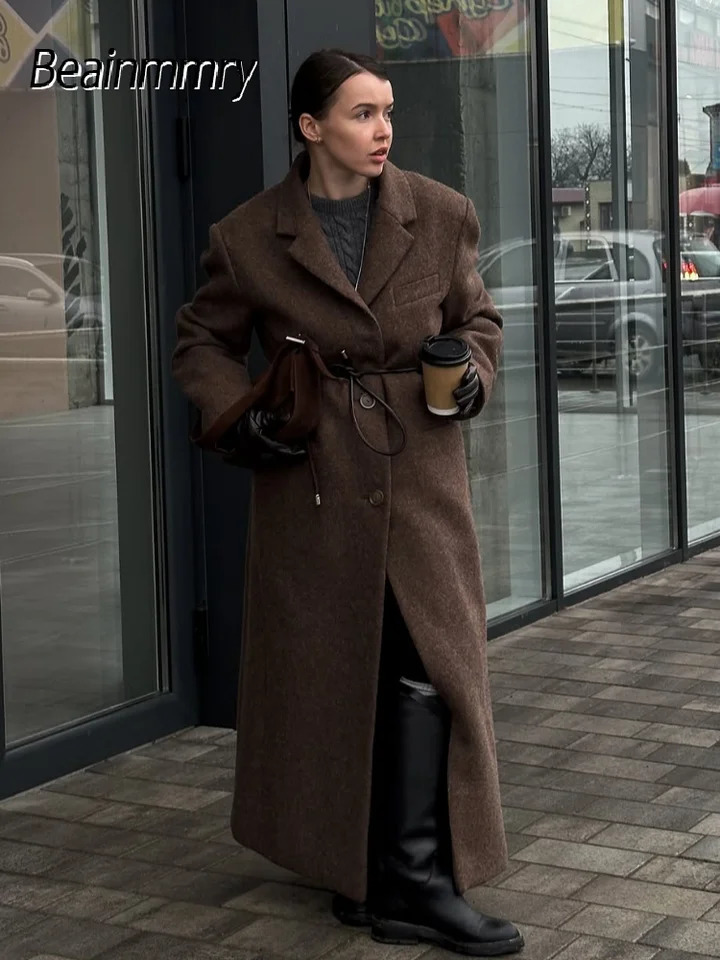 Elegant Womens Brown Wool Blend Overcoats Chic Shoulder Pads Singlebreasted Long Sleeve Coats Autumn Outerwears 251105
