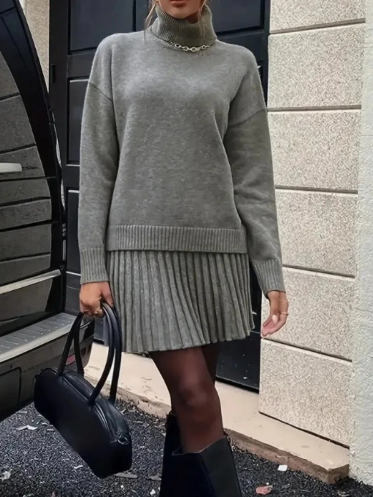 Womens Clothing Autumn Winter Solid Color Fashion Casual Suit Turtleneck Knitted Longsleeved Short Skirt Twopiece Set 251110