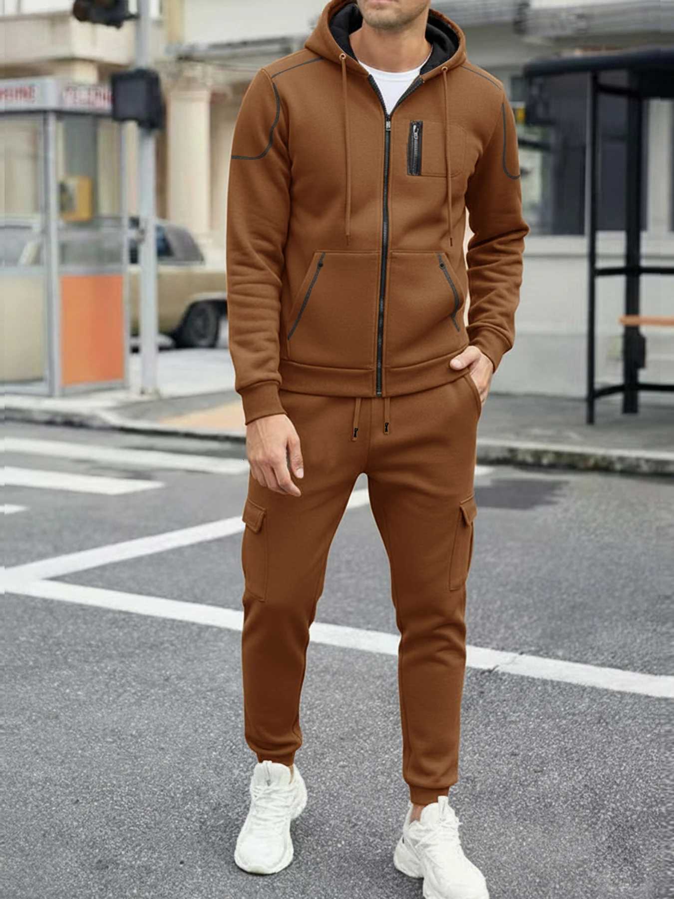 2025 Popular Two-piece Mens Sportswear Autumn Solid Color Jogging Suit Hooded Zipper Jacket Sport Pants Casual Sports Set W251110