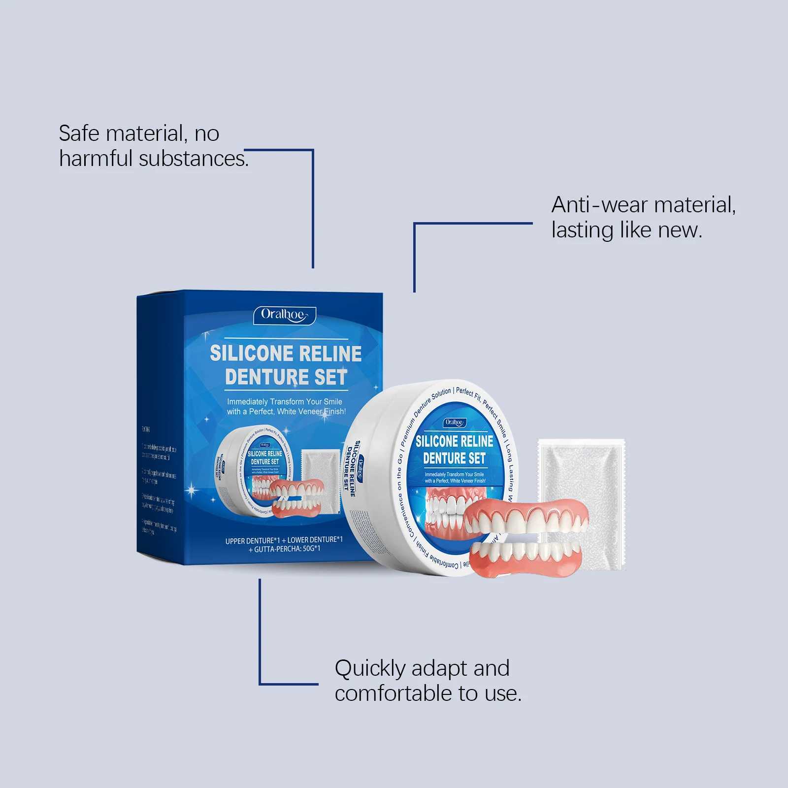 Silicone dental kit with silicone material that fits snugly and perfectly into the oral cavity free from harmful substances and not easily worn M25041