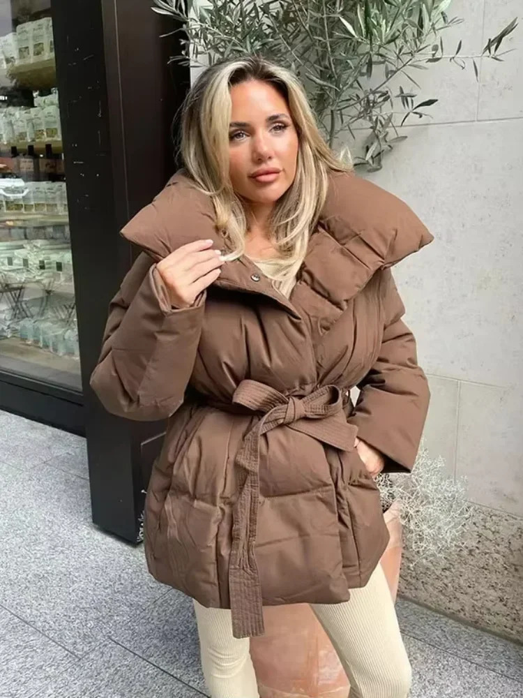 Solid Lapel Lace Up Cotton Coat Women Fashion Long Sleeve Warm Loose Pocket Short Coats Lady Winter Commute Street Outwears 251107