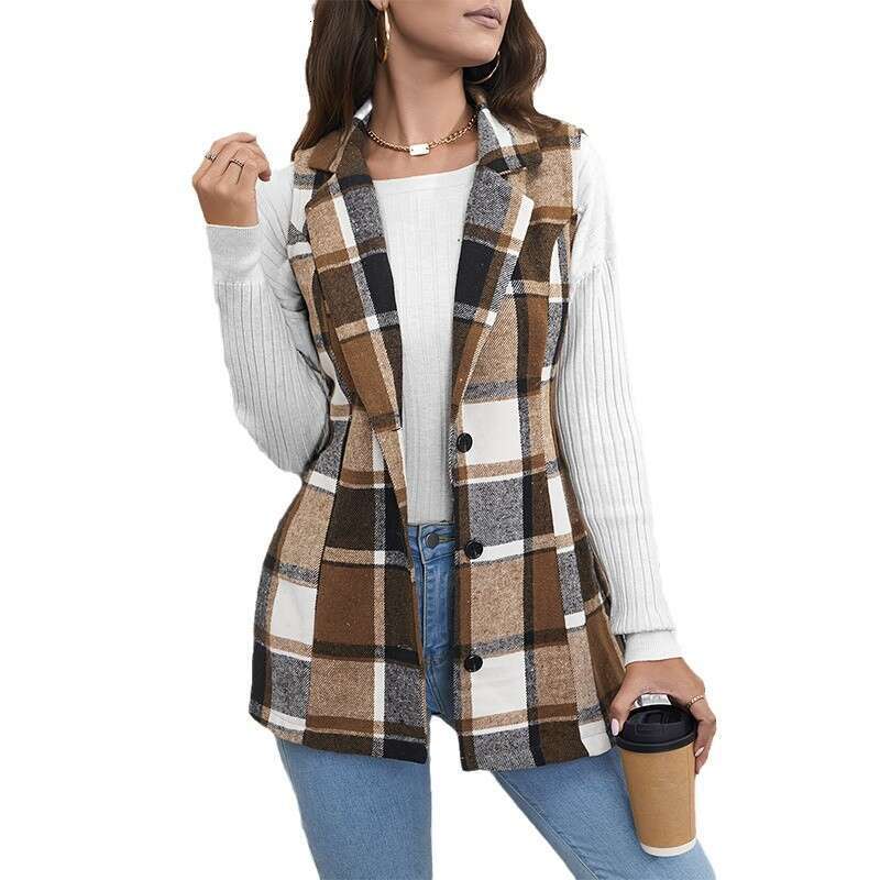 Cross-Border Foreign Trade Women's Clothing Jacket European and American Plaid Vest 2025 Spring Elegant Style Versatile Sleeveless Single-Breaste