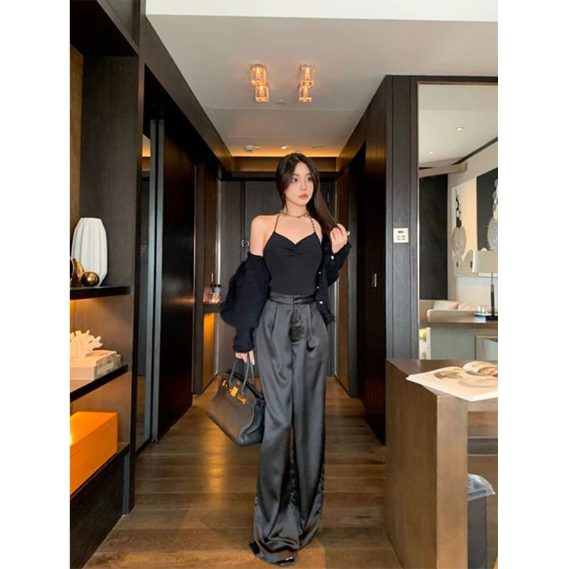MEXZT Elegant Satin Wide Leg Pants Women 3Xl Fashion High Waist Black White Pants Summer Ladies Korean Baggy Straight Trousers 250409