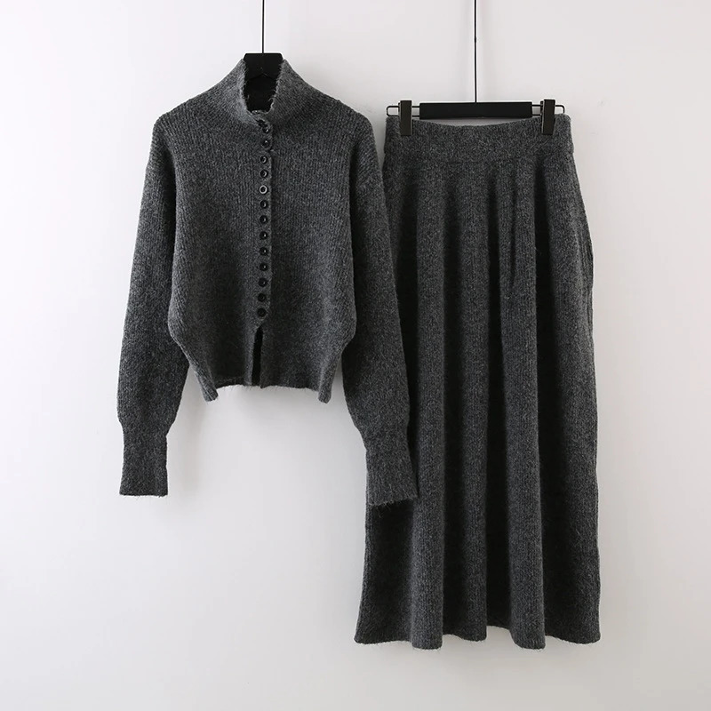 LANMREM Winter Soft Womens Sweater Two Pieces Set SingleBreasted Knitted Top And Elastic Waist Straight Skirt 2DB4274 251110