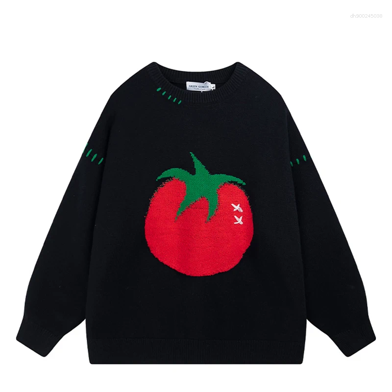 Men's Sweaters Autumn Cartoon Tomato Printed Knitted Sweater For Man Hip Hop Fashion Streetwear Pullovers Retro Aesthetic Y2K Knitwear