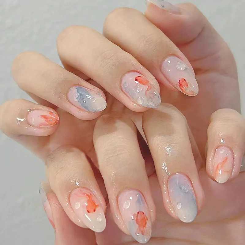 24pcs Ins Simple False Nails Goldfish Pattern Almond Fake Nails Wearable Detachable Simple Nude Pink Press W250410